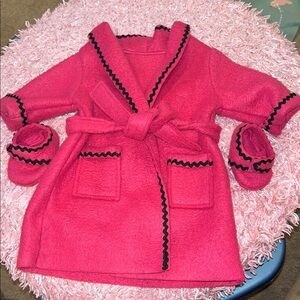 American Girl doll Pink Robe and slippers with Black Rick rack Accents